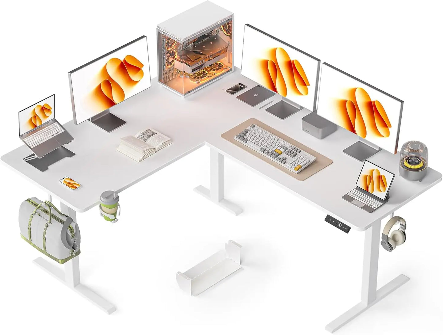 63X55 Inches Reversible L Shaped Standing Desk Height Adjustable with Cup Holder, Electric Corner Computer Desk, Sit Stand up