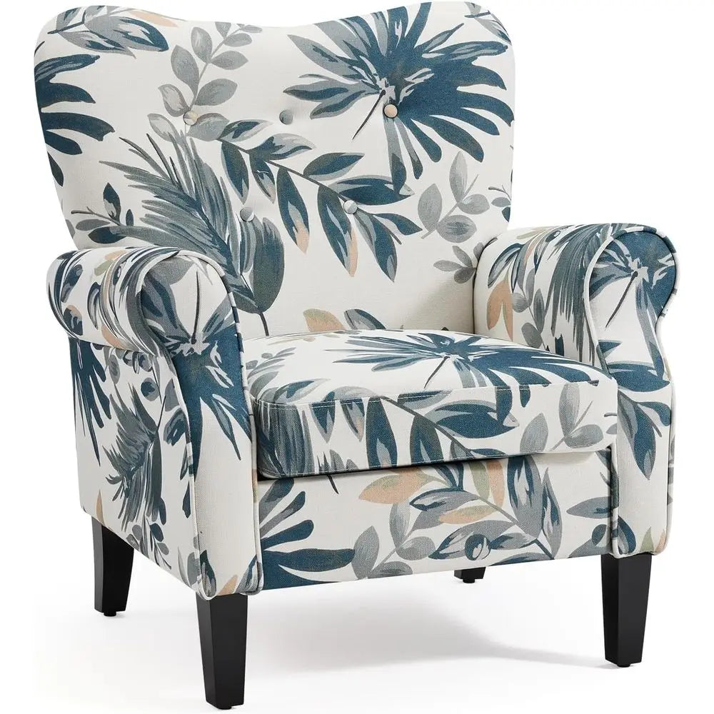 High Back Upholstered Button Tufted Accent Chair With Wooden Legs
