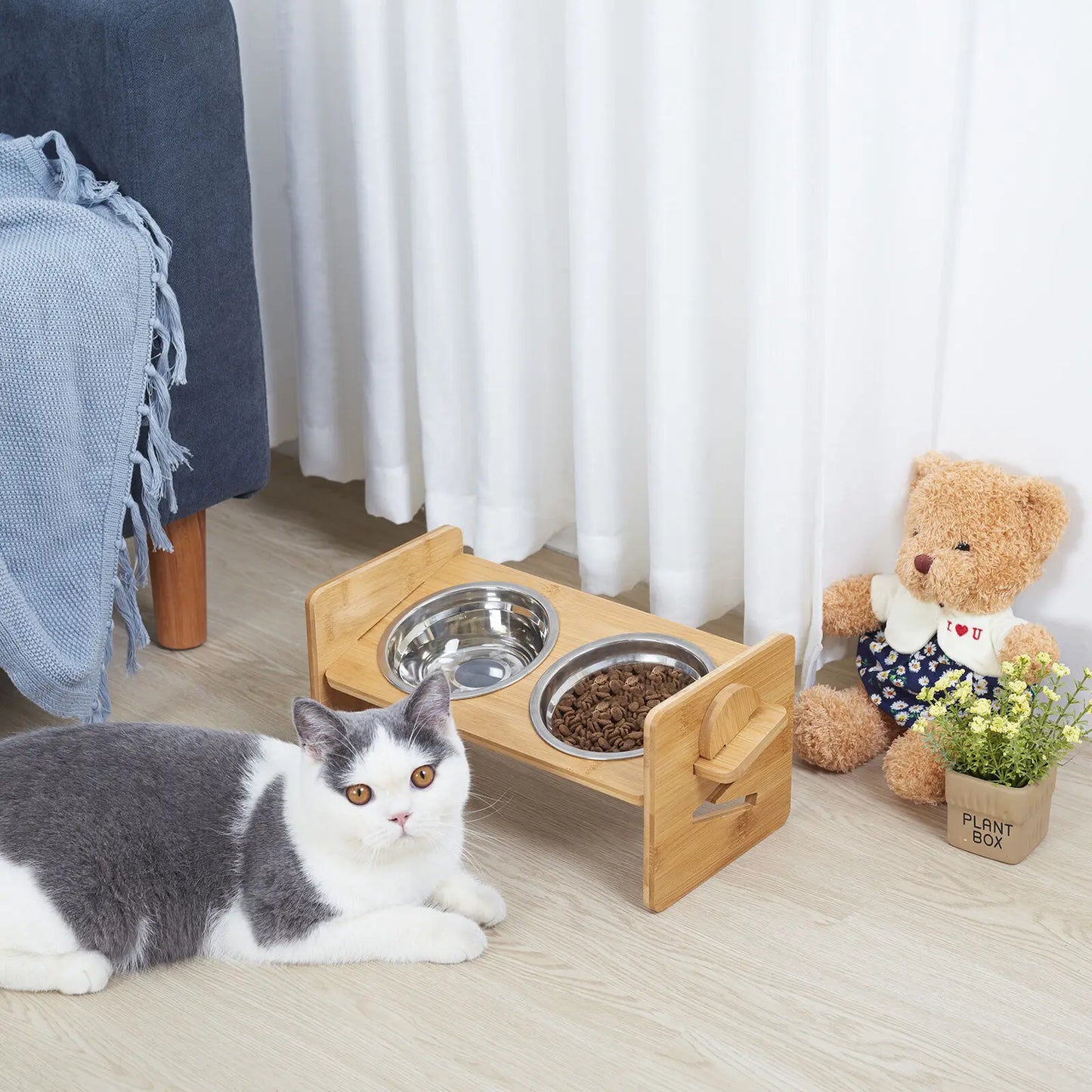 Adjustable Wooden Cat Feeder With Stainless Steel Bowls