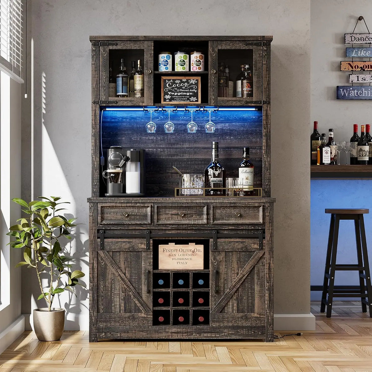 HiMISS Farmhouse Coffee Bar Cabinet With LED Lighting Wine Rack