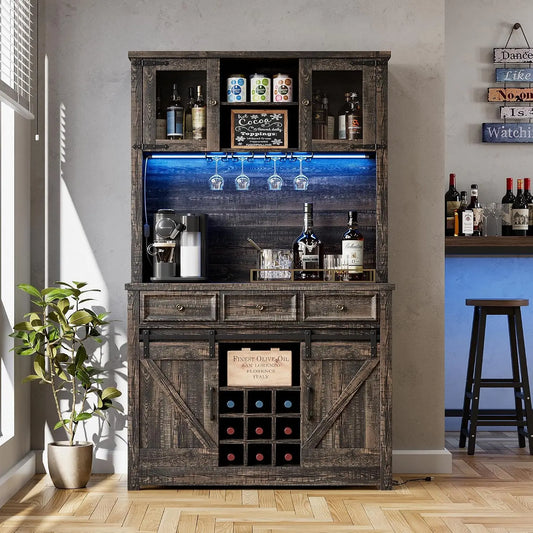 HiMISS Farmhouse Coffee Bar Cabinet With LED Lighting Wine Rack