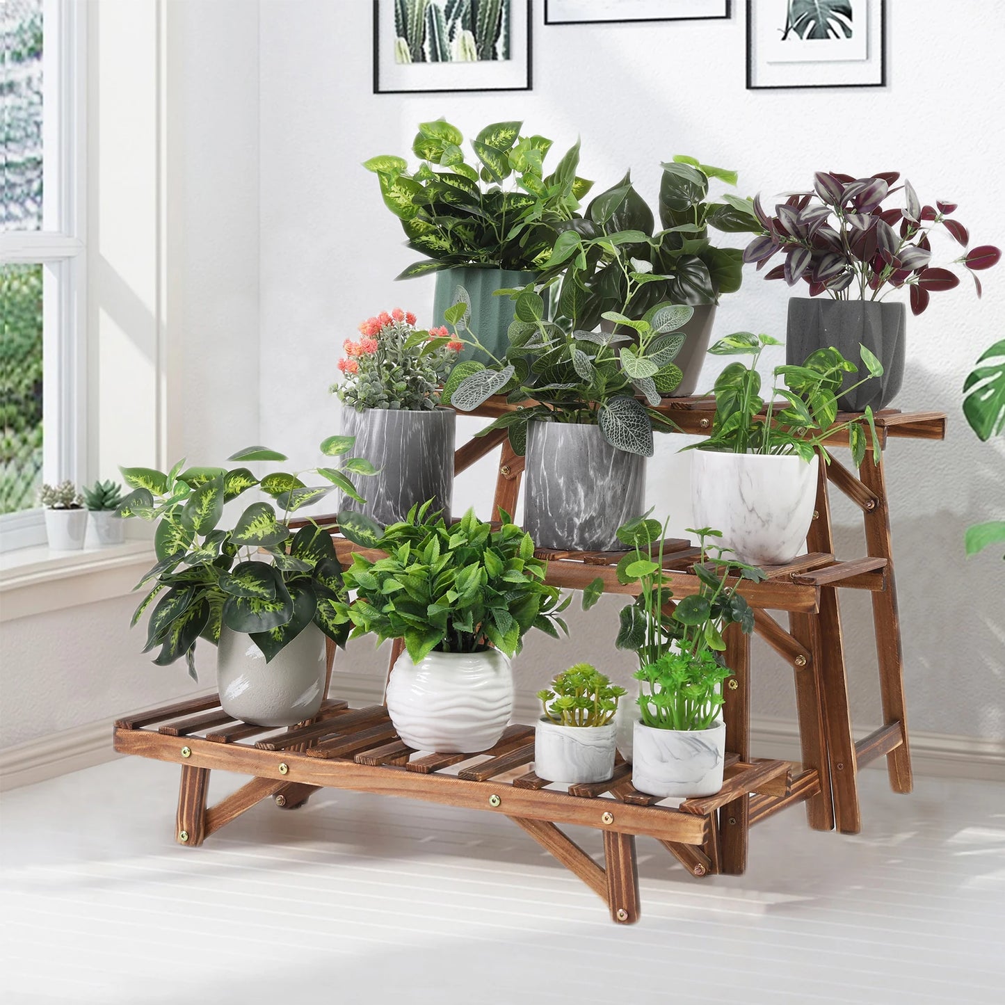 3 Tier Wood Plant Shelf For Balcony And Living Room