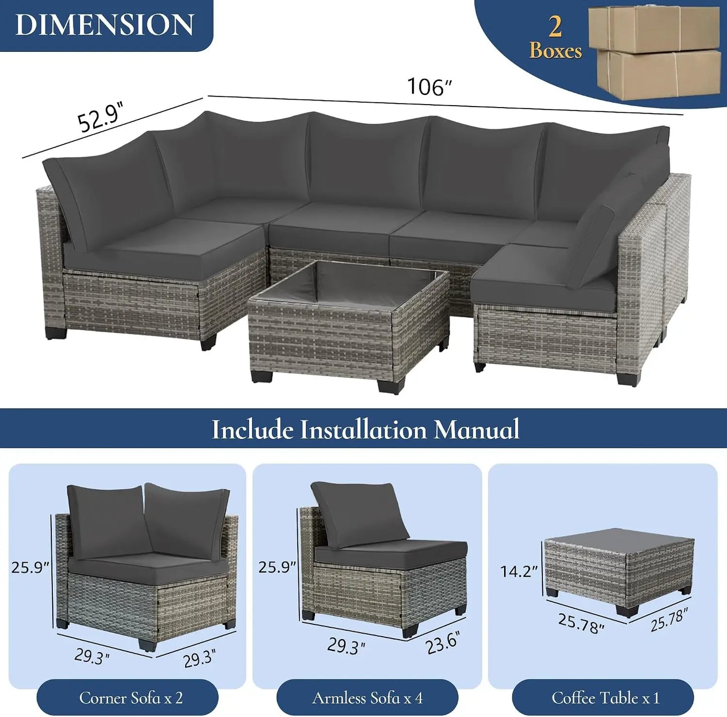 Seven Piece Outdoor Patio Wicker Sectional Rattan Sofa Set