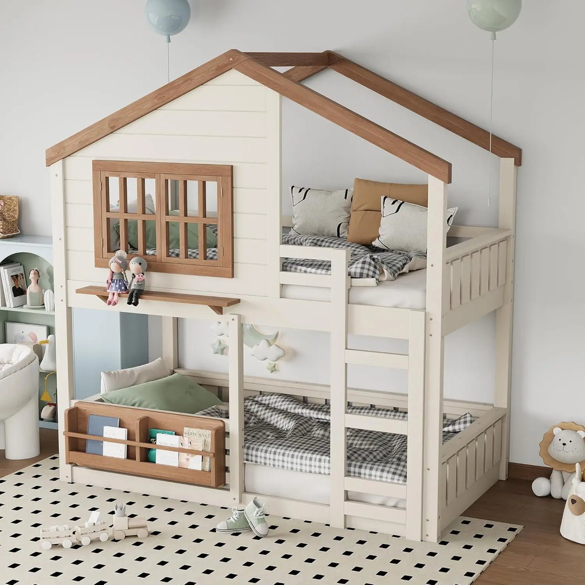 Twin House Bunk Bed Window Roof Bookshelf Wood Frame Ladder Guardrail Kids Playhouse Space Saver, Customized