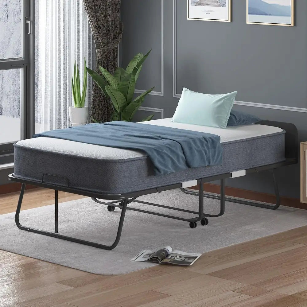 Rollaway Bed with Mattress for Adults, 75 x 46 Fold Up Bed with Headborad amp Dustproof Bag, Space Saving Rollaway Beds for Gue
