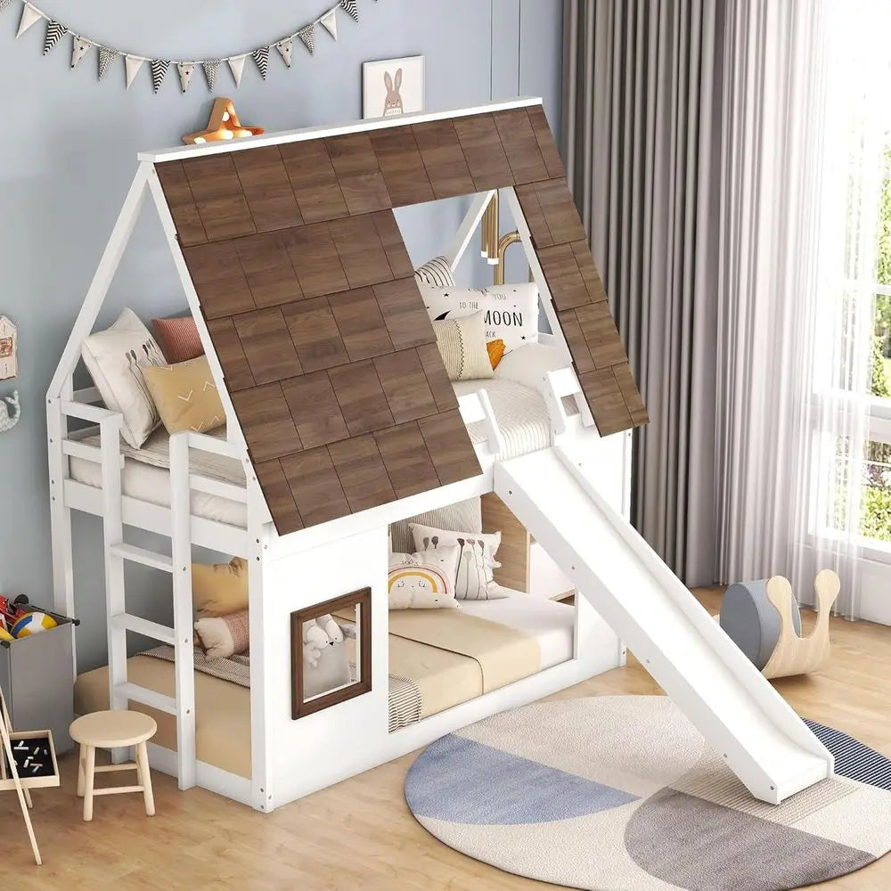 Over Twin Bunk Bed with Room, Window, Ladder, Slide - Suitable for Boys and Girls, White & Brown
