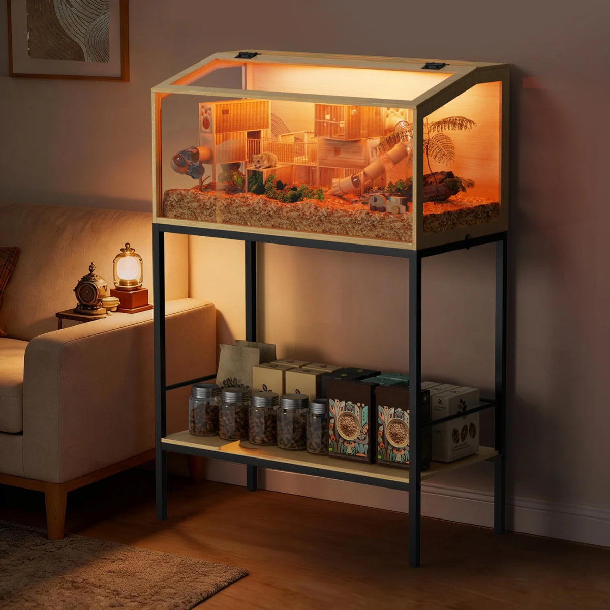 80x39x116cm Wooden Hamster Cage Built-in LED Hamster Habitat with Storage Shelf Tempered Glass Panels for Small Pets Guinea Pigs