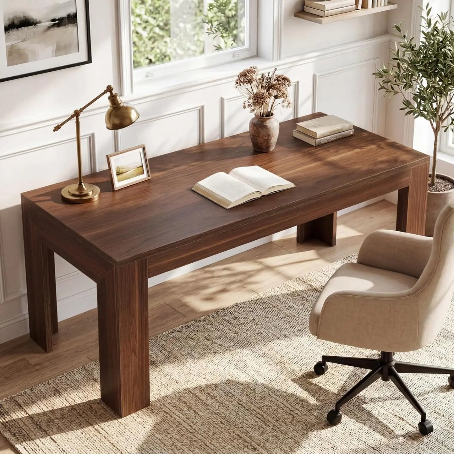 63" Modern Home Office Desk, Long Wooden Computer Desk, Walnut | Large Executive Office Desk for Home Office 31.5", Customized