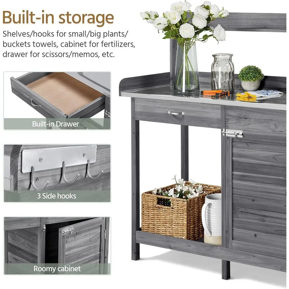 Gray Outdoor Garden Workstation with Metal Table, Cabinet, Open Top, Lower Shelf, and Hooks