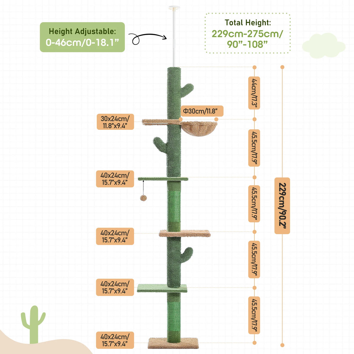 Cactus Cat Tree Floor to Ceiling Cat Tower with Sisal Scratching Post,Comfortable Hammock for Multi-Cat Homes,Cat Accessories