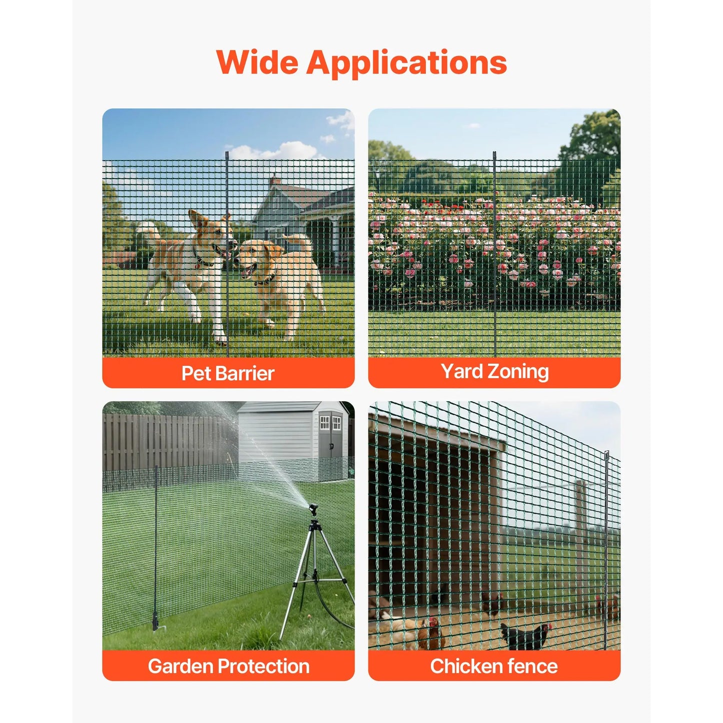 SucceBuy Temporary Fence with Posts Plastic Mesh Fencing with Double-Spike Stakes & Guy Ropes Temporary Dogs Fence Outdoor Yards