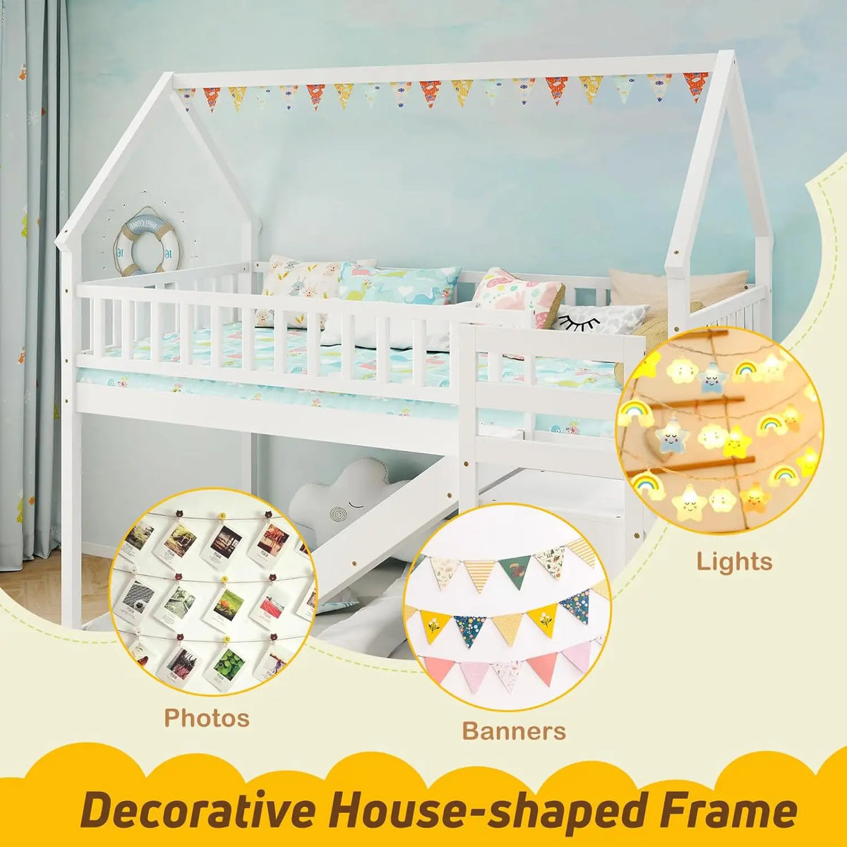 Twin Over Twin Bunk Bed with Slide Stairs Storage Shelves Wood Floor Bed for Kids Teens No Box Spring White, Customized