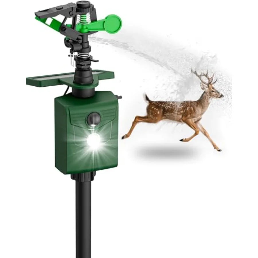 Outdoor motion-activated solar sprinkler for deer, cat, raccoon deterrence; weather-resistant ABS plastic, black finish, 120 de