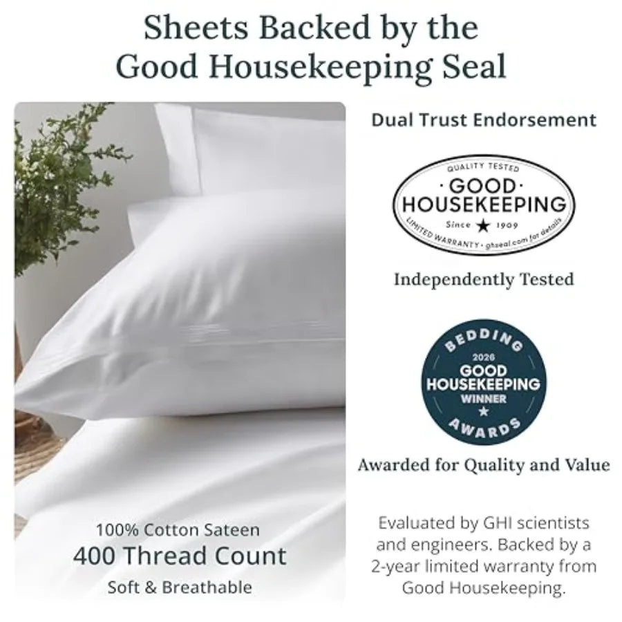 Soft 100% Cotton Sheet Set, 400 Thread Count Good Housekeeping Award Winner, Silky Smooth Sateen Weave with Deep Pockets, Breat