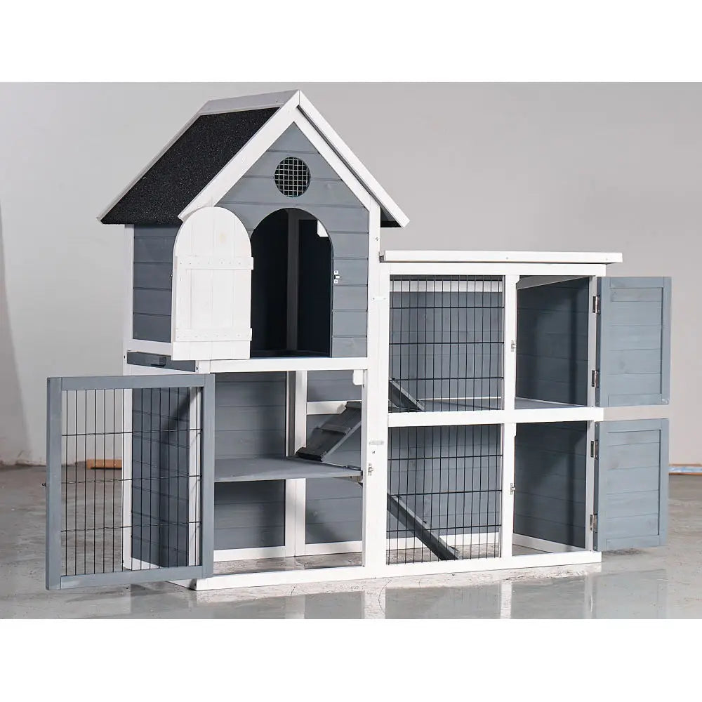 Large Outdoor Chicken Coop Cage, Weatherproof 2-Story Chicken Coop & Rabbit Hutch, Wooden Indoor/Outdoor Pet House No-Leak Tray