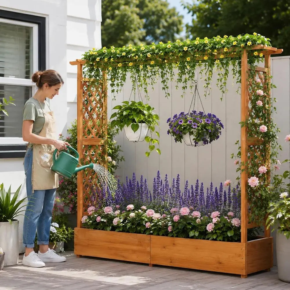 77 Tall Wooden Elevated Planter with Trellis, Hanging Baskets, and Drainage for Patio Gardening