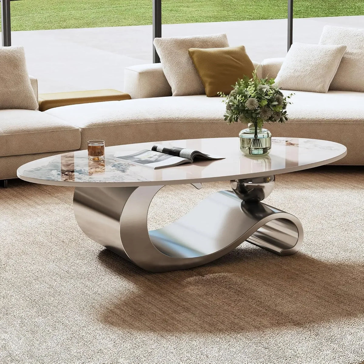 Modern Oval Coffee Table with Sintered Stone Marble Pattern Top
