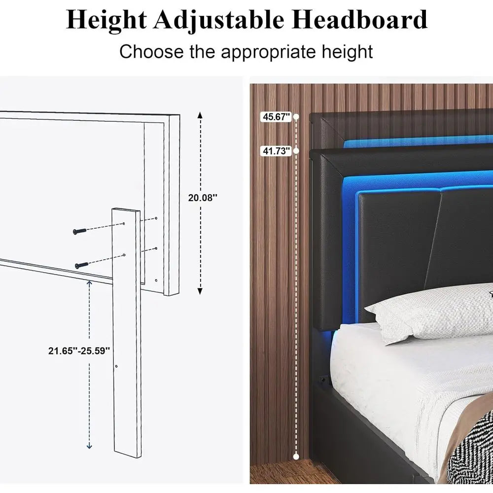 RBXC Upholstered Bed With Storage Drawers LED Lights Charging Station