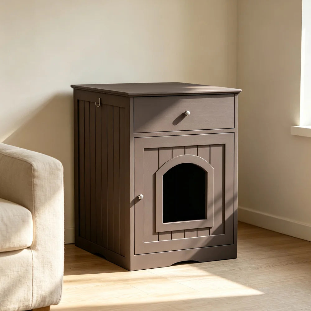 Wooden Pet House Cat Litter Box Enclosure with Drawer, Side Table, Indoor Pet Crate, Cat Home Nightstand (Brown) Pet Products