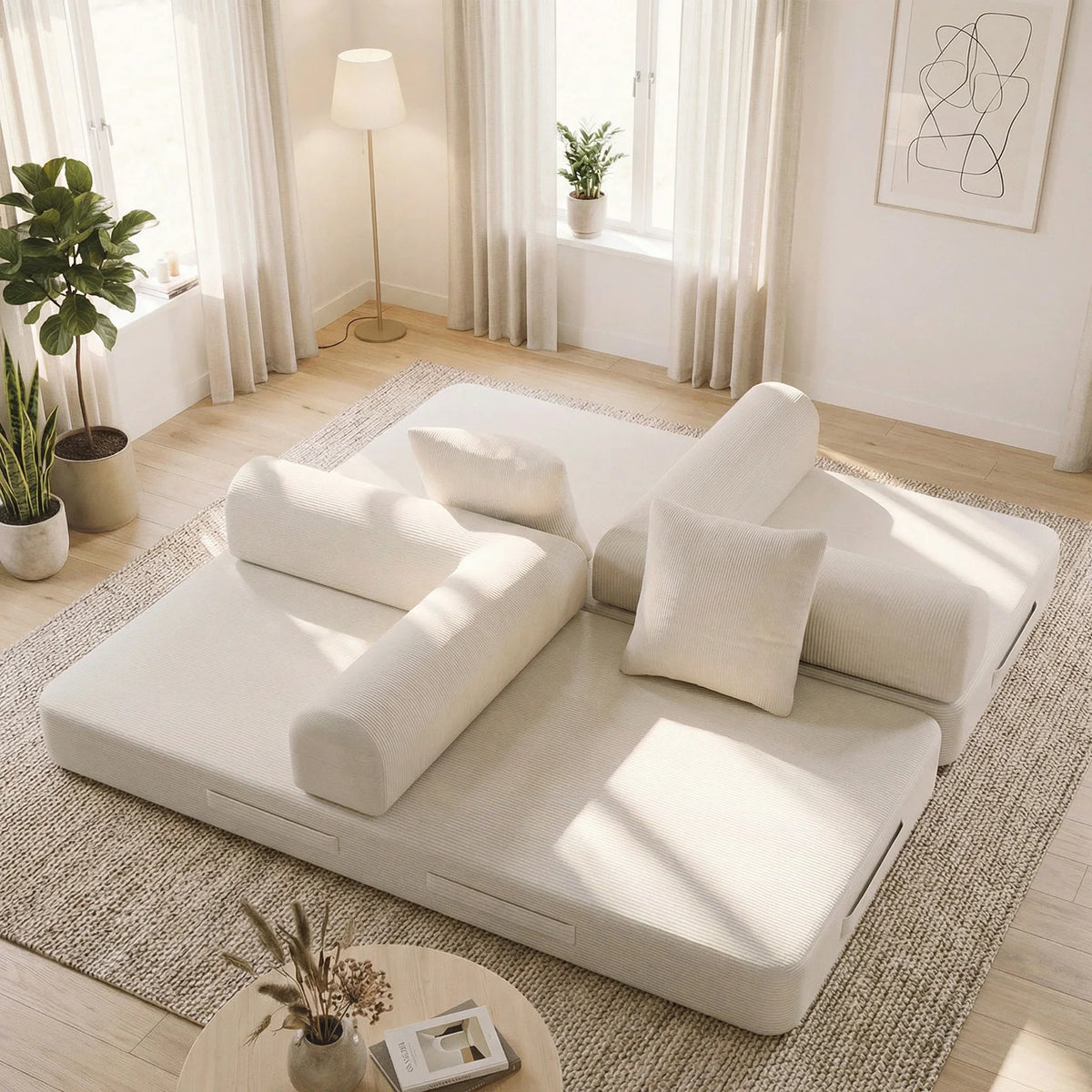 Convertible Compression Sofa Bed High Density Foam Corduroy Upholstery Space Saving Portable Sleeper Sofa for Guest Room Home