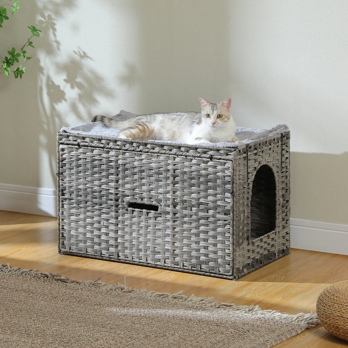 PEQULTI Rattan Cat Litter Box Enclosure With Flip Up Design