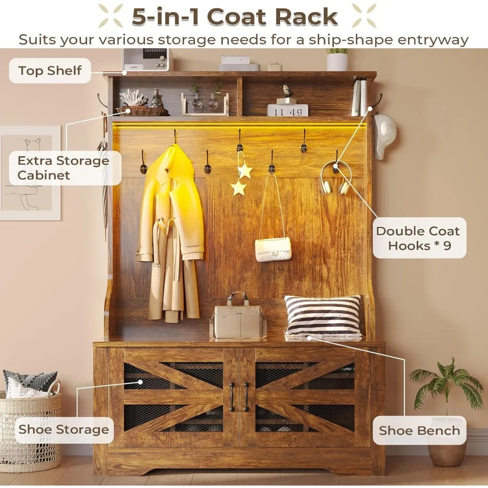 Bench and Shoe Storage, 5-in-1 Entryway Bench with Coat Rack, 10 Shoe Cubbies & 9 Coat Hooks, Barn Door & A
