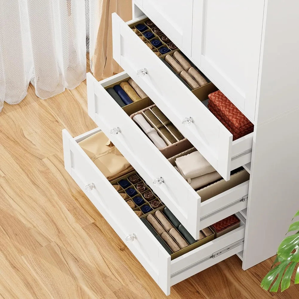 71" Wardrobe Closet with Mirror & Drawers, Large Storage Cabinet with Hanging Rod, 2 Doors, Wooden, for Bedroom