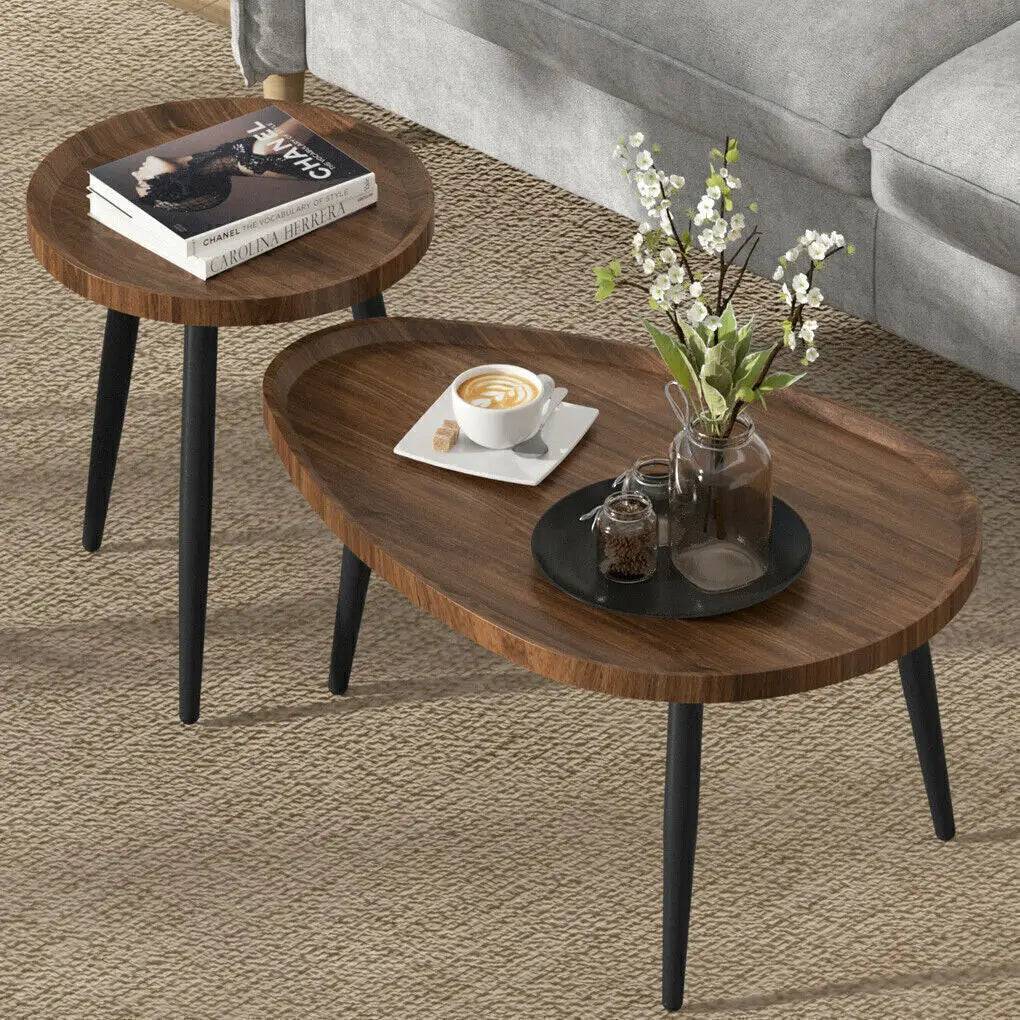 Round Rustic Nesting Coffee Tables Set 2 Wood Top Metal