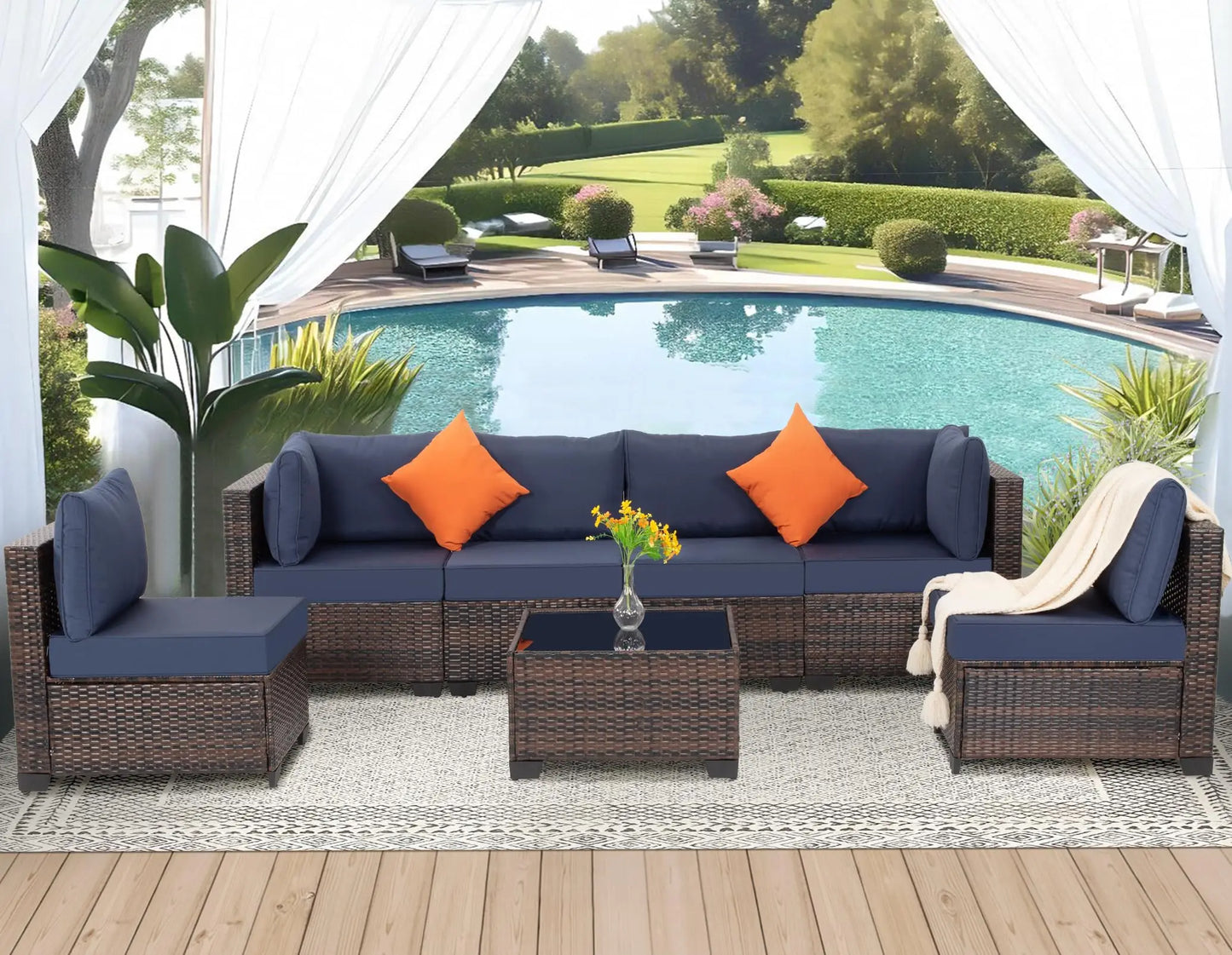 Seven Piece Outdoor Patio Wicker Sectional Rattan Sofa Set