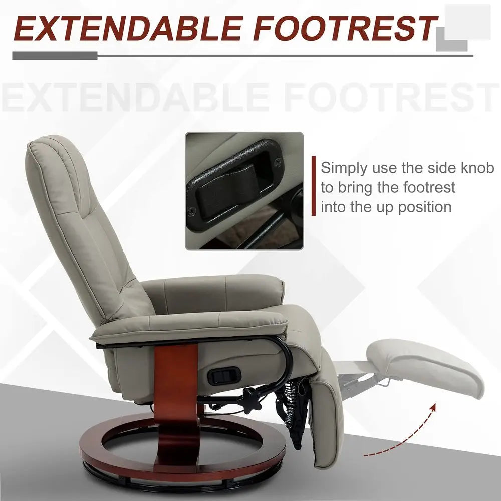 Swivel Recliner Chair, PU Leather Reclining Armchair with Retractable Footrest, Lounge Chair with Wood Base and Adjustable High