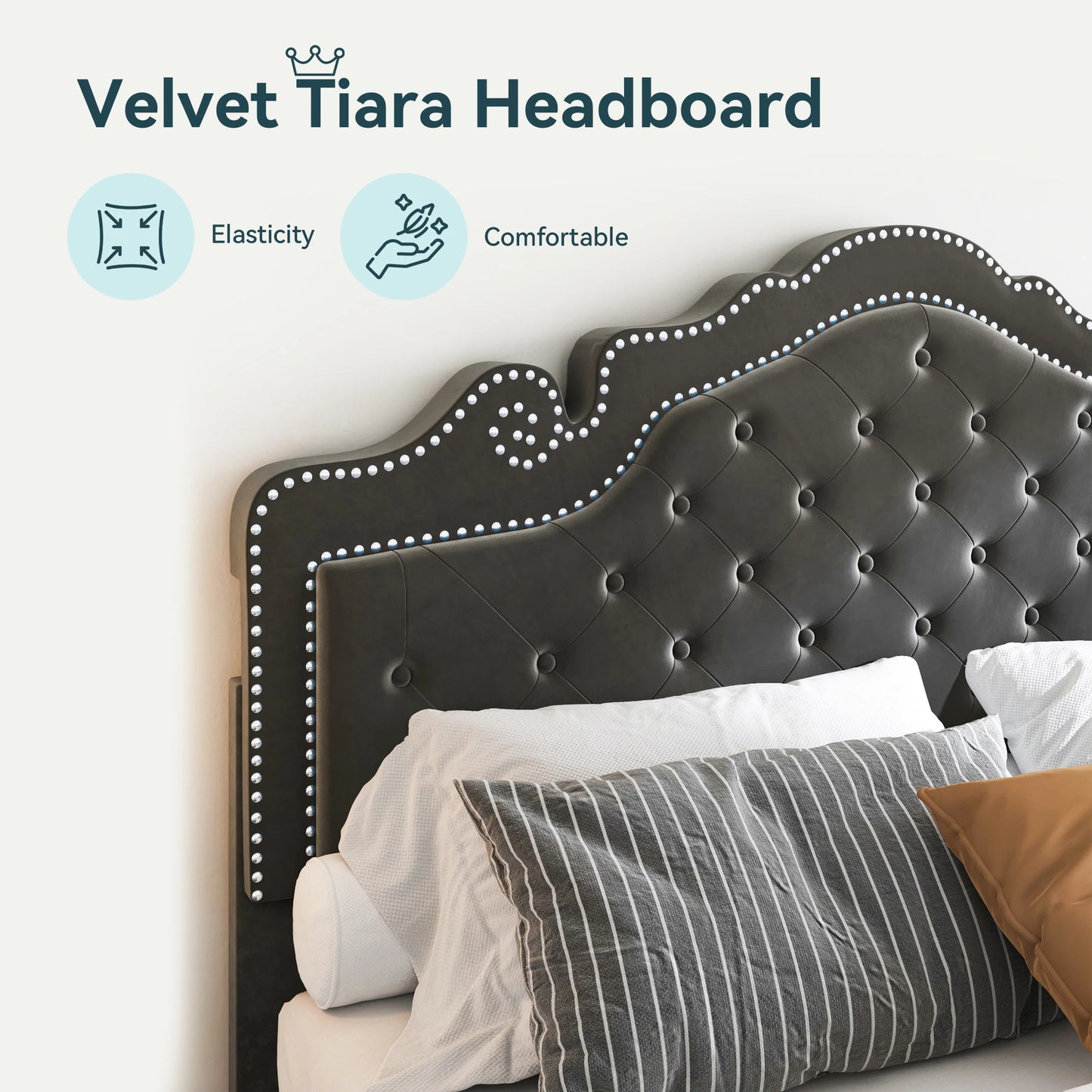 Hoomic Velvet Upholstered Bed With Diamond Tufted Adjustable Headboard