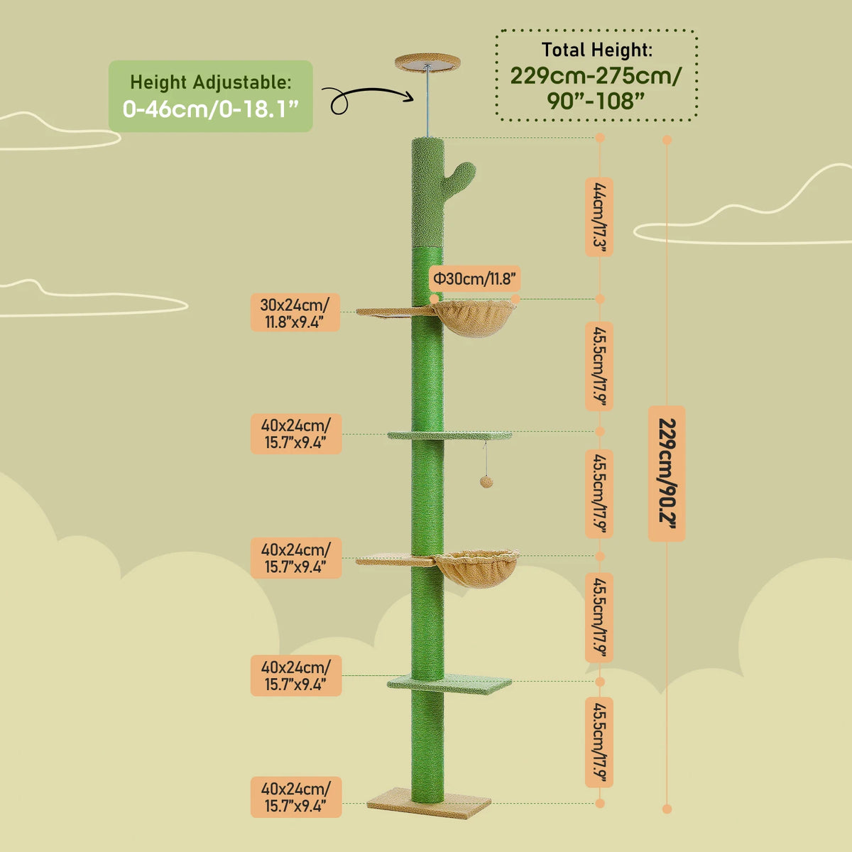 Cactus Cat Tree Floor to Ceiling Cat Tower with Sisal Scratching Post,Comfortable Hammock for Multi-Cat Homes,Cat Accessories