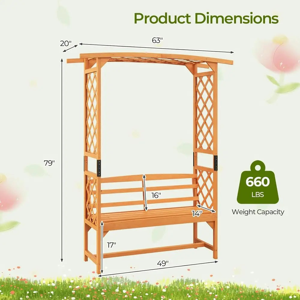 63W x 79H Wooden Garden Arch Trellis with Bench, Outdoor 2-Person Arbor, Perfect for Rose Climbing Plants, Weddings, and Backyar