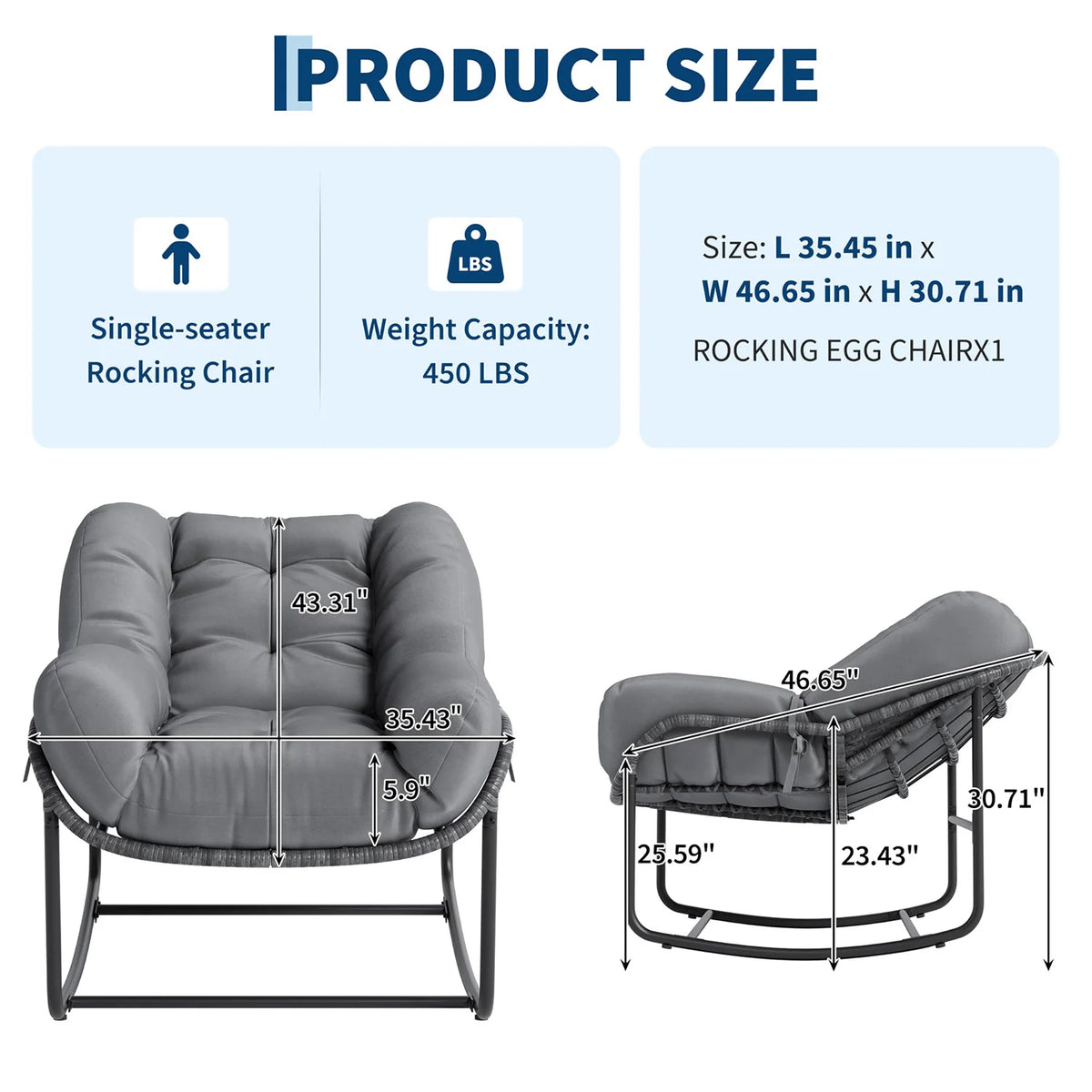 Papasan Rocking Chair With Thick Cushion, Outdoor Wicker Rattan Egg Chair, 450 lb Patio Lounge Rocker For Porch Balcony Indoor Use