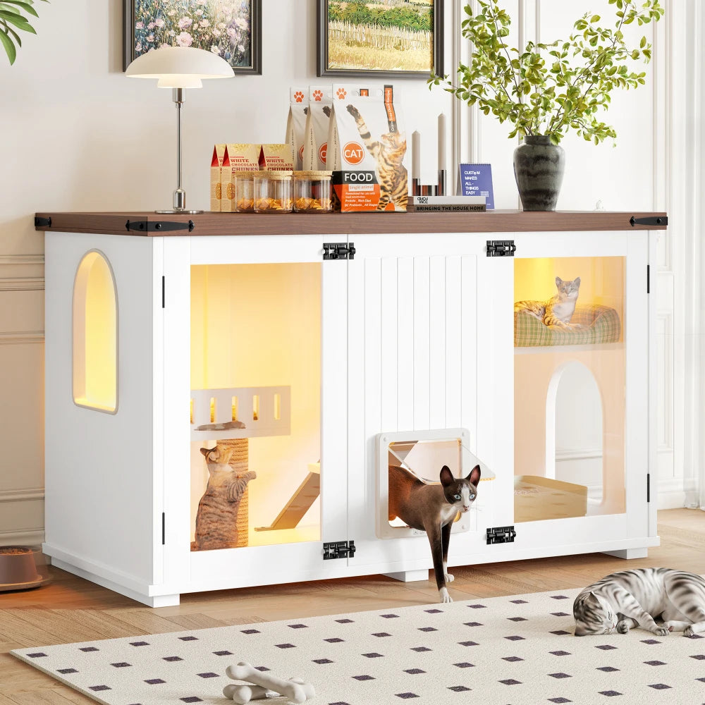 Large Cat Litter Box Enclosure with LED Light, Hidden Litter Box Furniture, Cat House with Stairs and Cat Scratching Post