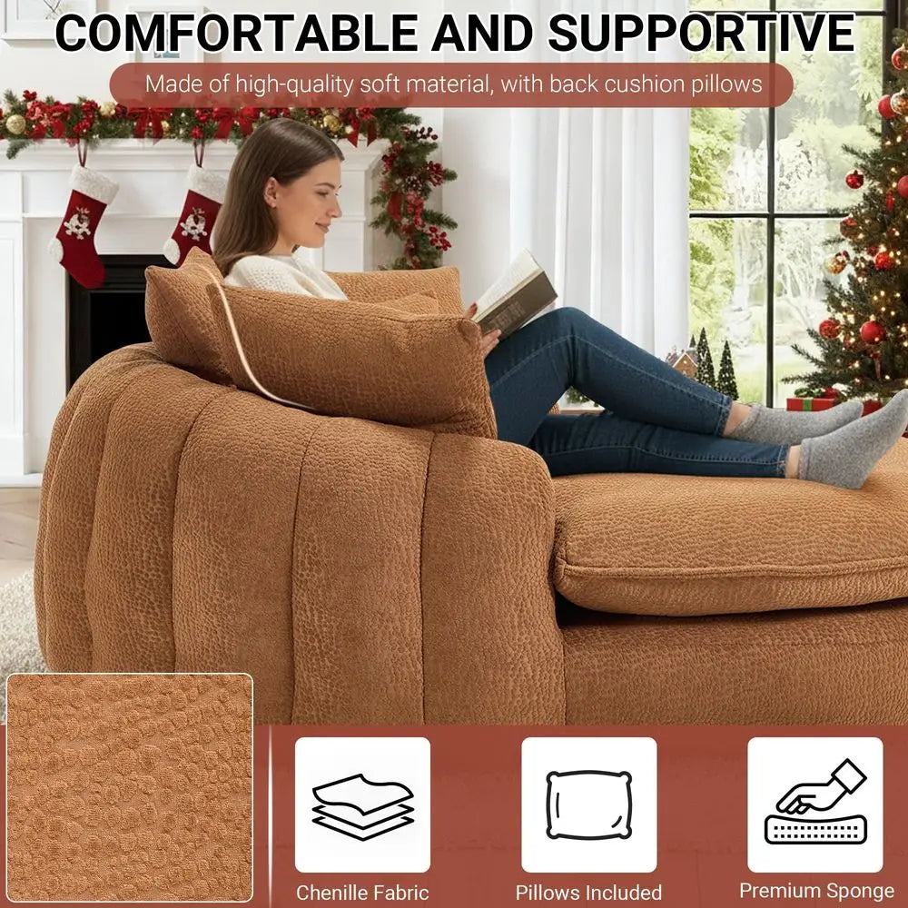 Oversized Round Chair, Giant Bean Bag Couch Chairs for Adults, Fluffy Chenille Boneless Couch Circle Bed with 5 Pillows, Extra