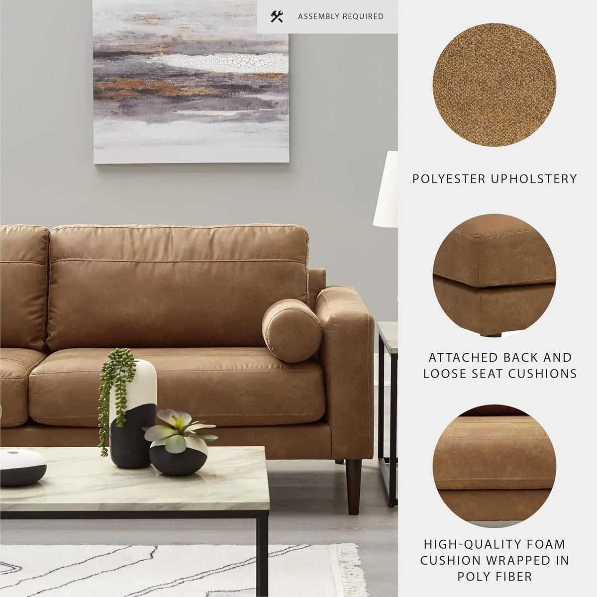 Faux Leather Sofa with Bolster Pillows Loose Cushions Faux Wood Accent Legs 85"x35"x35" Dark Brown Customized