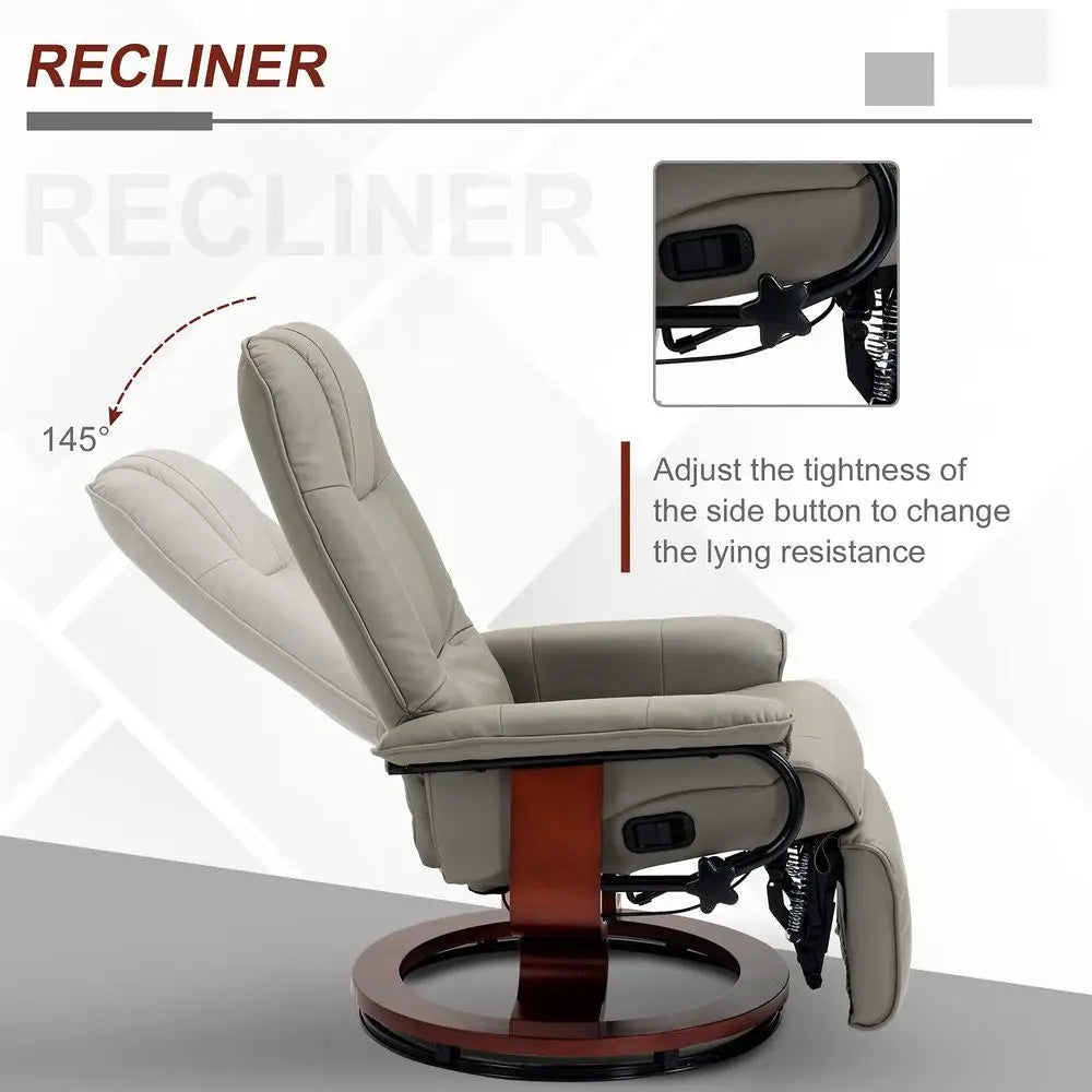 Swivel Recliner Chair, PU Leather Reclining Armchair with Retractable Footrest, Lounge Chair with Wood Base and Adjustable High