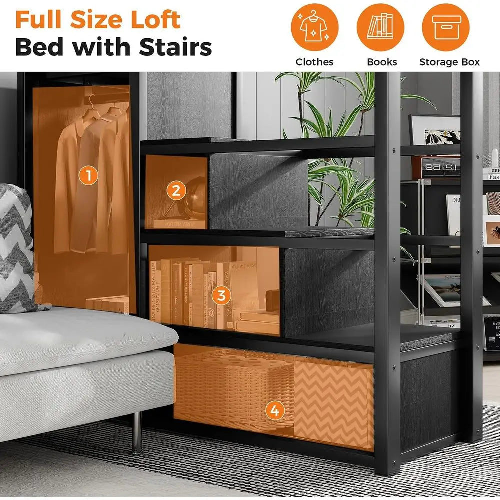 Space-Saving Bunk Bed with Storage Stairs, Wardrobe, and Metal Guardrail for Kids and Teens in Black
