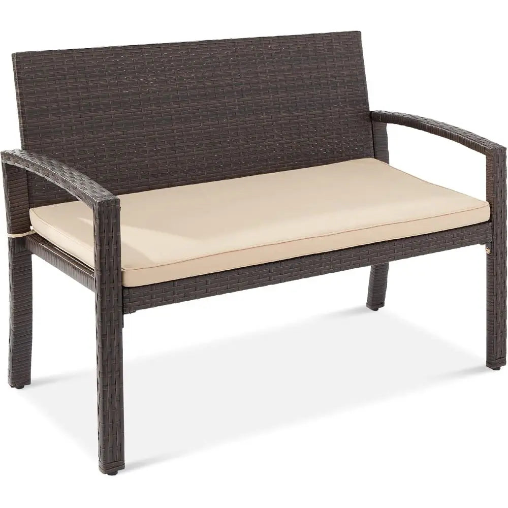 2-Person Wicker Outdoor Patio Bench with Seat Cushion, 700lb Capacity, Brown/Tan