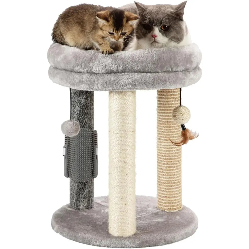 4in1 Small Cat Tree, Scratching Post with Tower Sot Bed, Sisal Carpet Jute Posts, Three Hanging Ball Toys and Massage Brush for