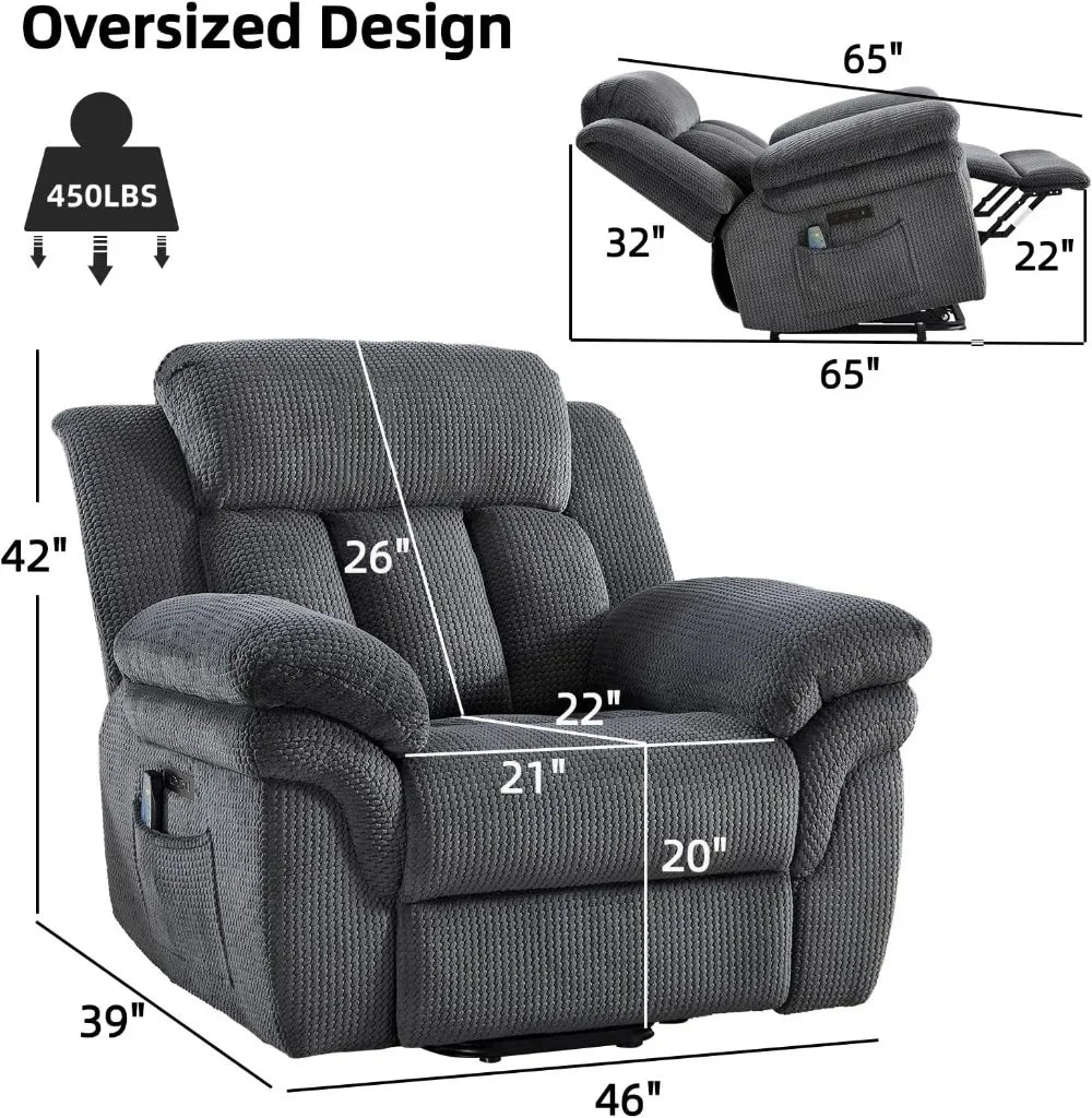 46" Oversize Power Lift Recliner Chair, Extra Large Electric Recliner for Elderly, Massage Heat USB-C, Grey
