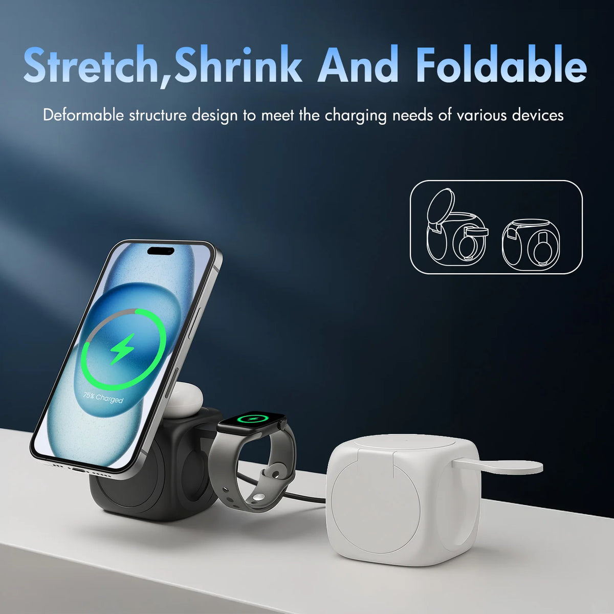 3 in 1 Foldable Magnetic Wireless Charger 15W Fast Charging for iPhone Watch Airpods - Compact Multi-Device Stand