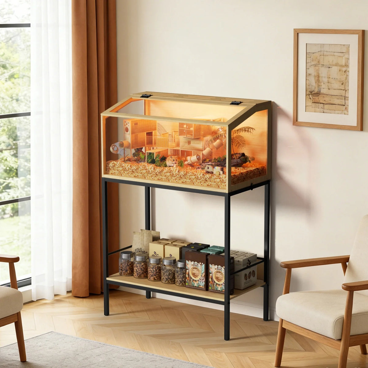 80x39x116cm Wooden Hamster Cage Built-in LED Hamster Habitat with Storage Shelf Tempered Glass Panels for Small Pets Guinea Pigs