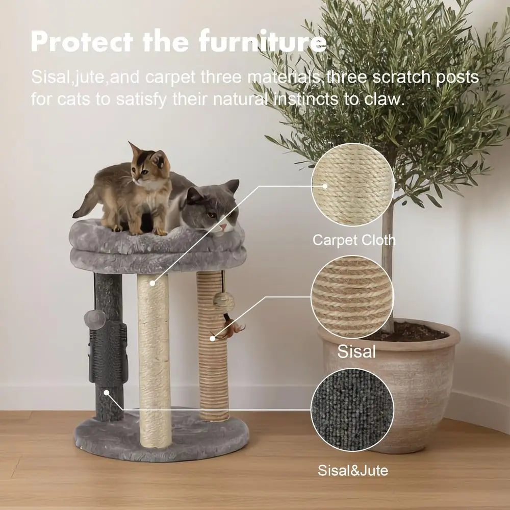 4in1 Small Cat Tree, Scratching Post with Tower Sot Bed, Sisal Carpet Jute Posts, Three Hanging Ball Toys and Massage Brush for