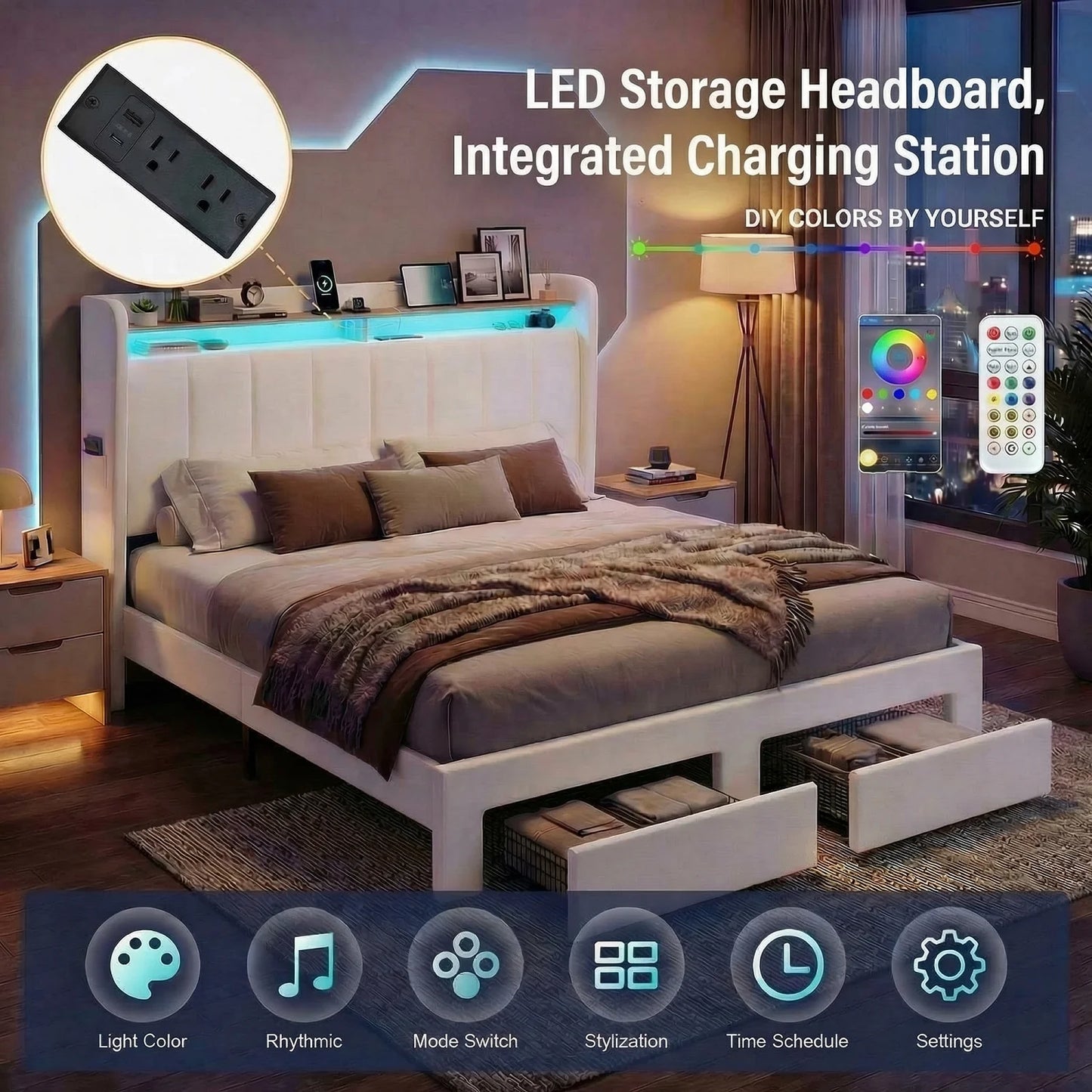 HOOMIC Platform Bed Frame With Storage Drawers And LED Lights
