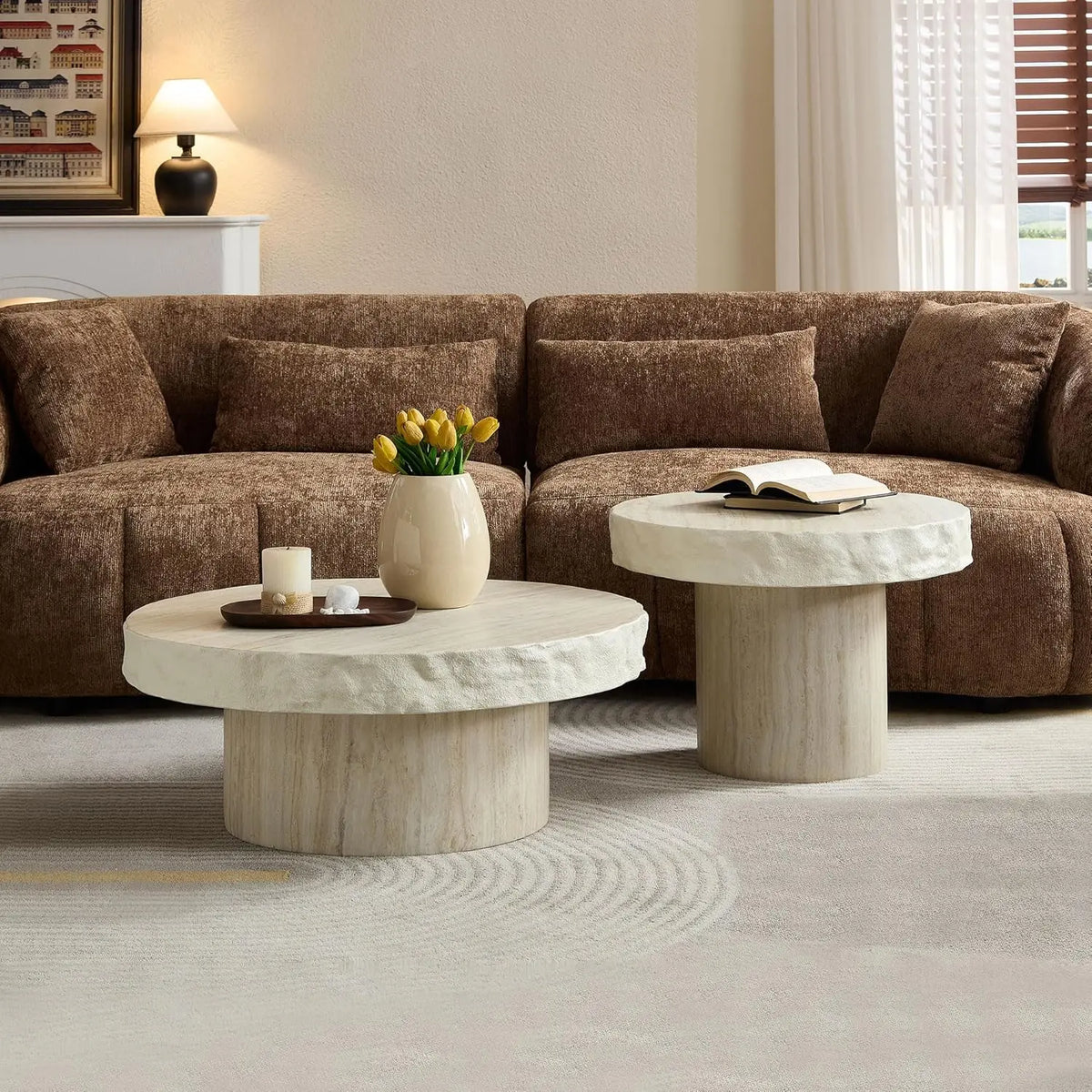 36" Oval Coffee Table, Modern Faux Stone Circle Center Table Accent Travertine Tea Table for Living Room, Magnesium, Customized