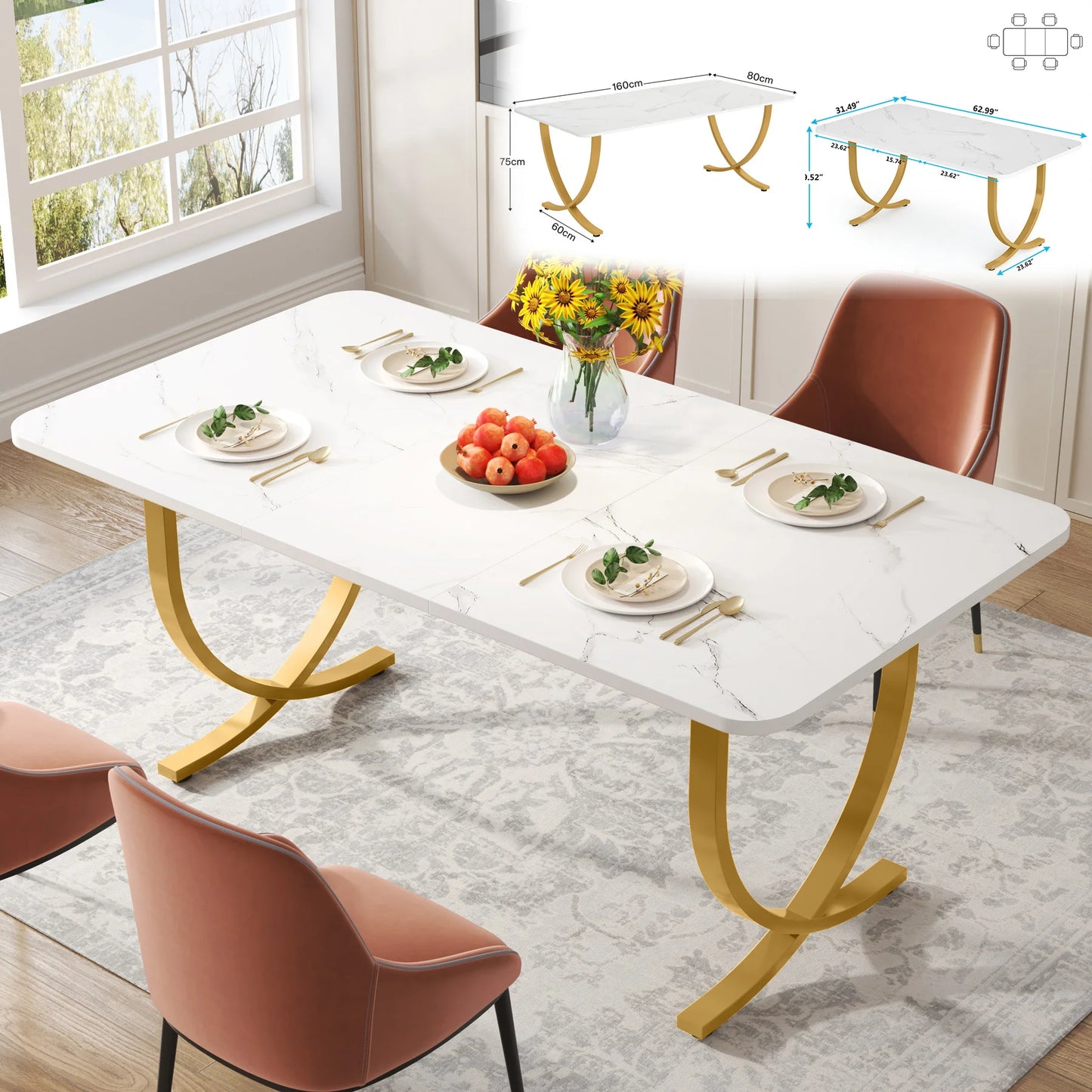 Tribesigns Dining Table With Faux Marble Top 4 To 6