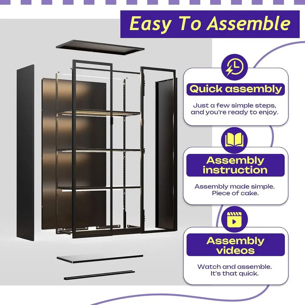 4-Tier Glass Display Cabinet with 3 Color Lights, Adjustable Shelves for Collectibles, Toys, Books, and Figurines - 63 Black