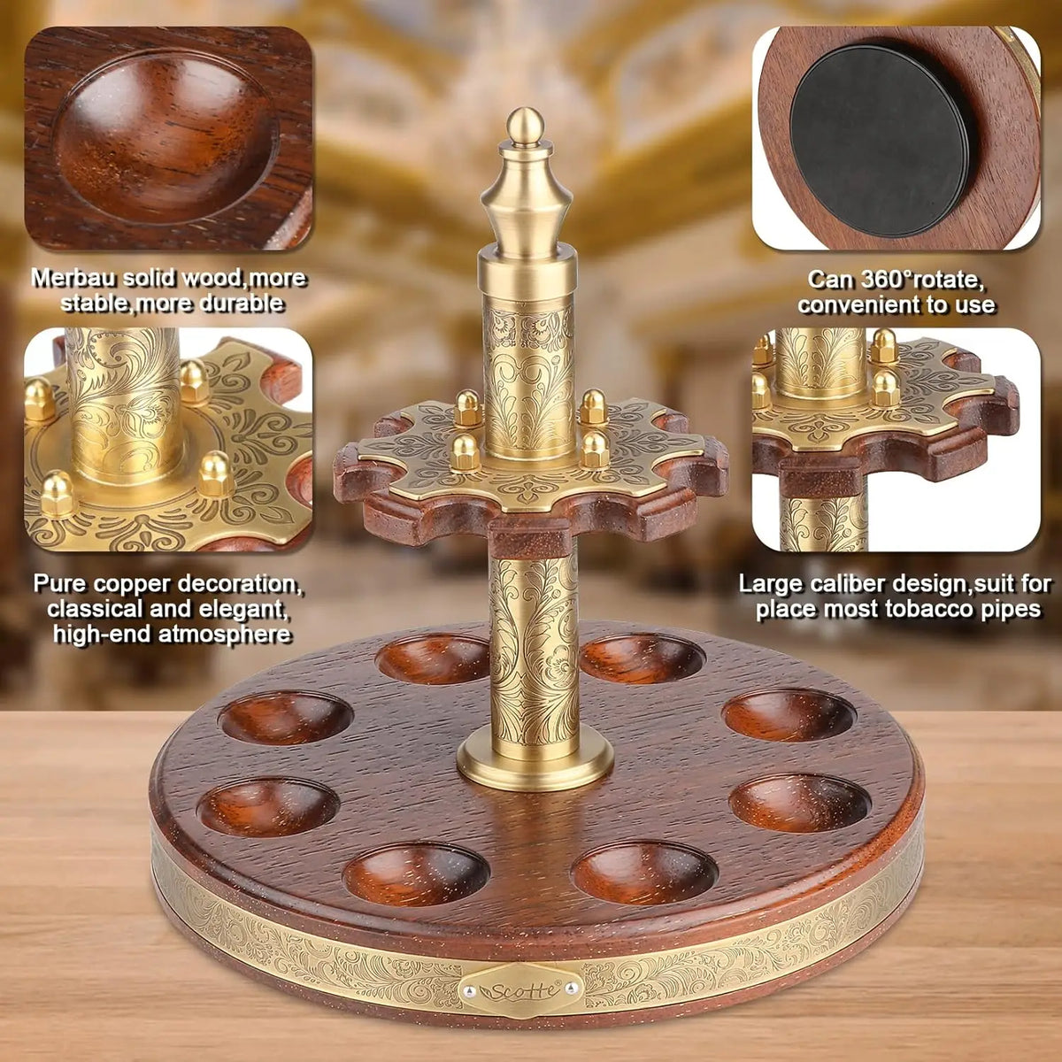 Scotte Rotating Wooden Tobacco Pipe Stand With Carved Design